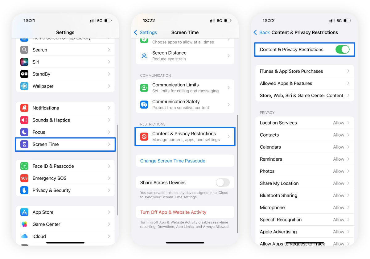 Image of iPhone screenshots providing directions for turning on Content & Privacy Restrictions on iPhone.