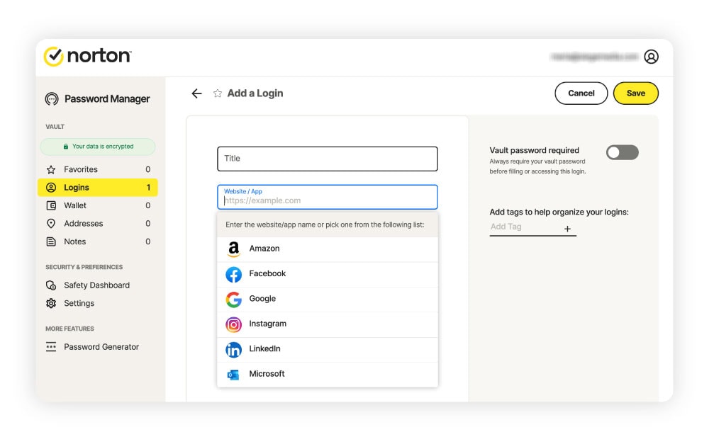 A screenshot showing how to add logins to Norton Password Manager.