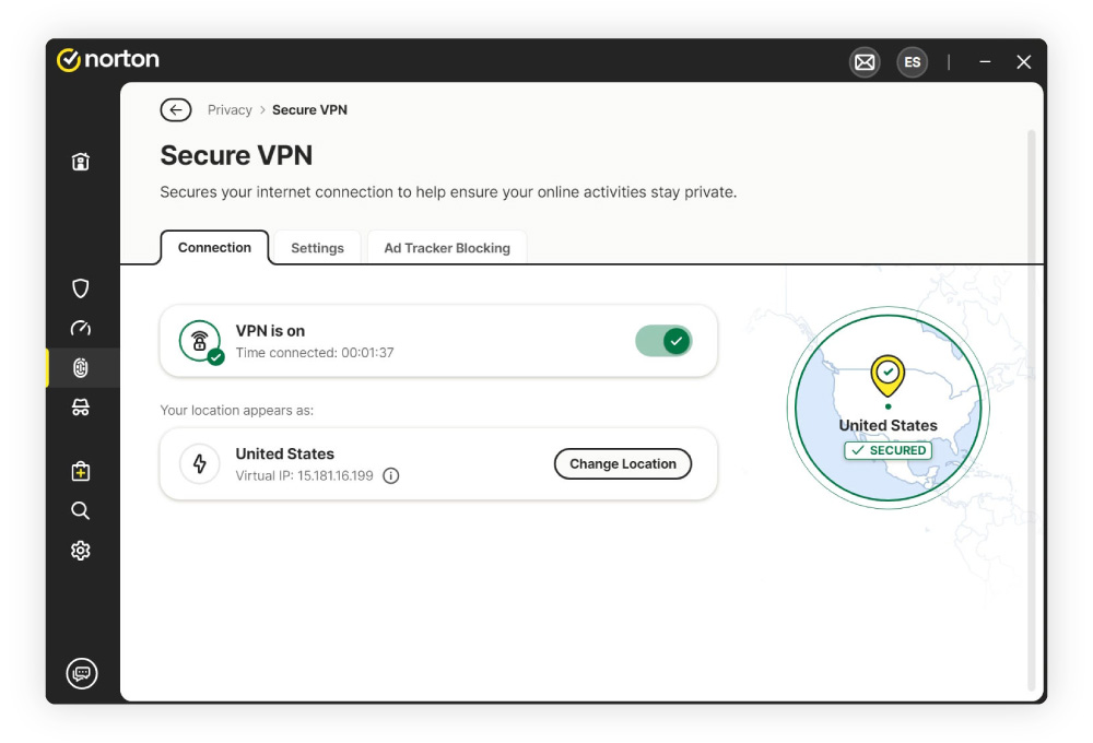 A screenshot of the Norton Secure VPN interface.