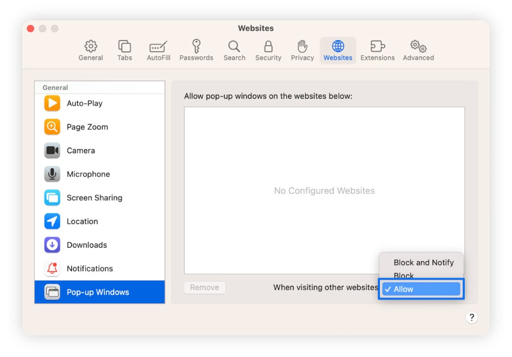 Steps for how to allow Safari pop-ups on Mac.