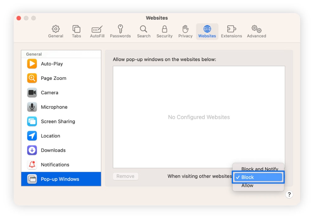 Steps for blocking Safari pop-ups on Mac.