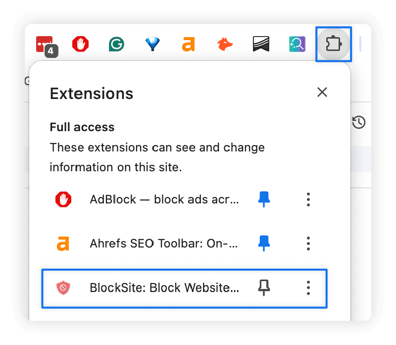 A screenshot showing where you can find installed website-blocking extensions.