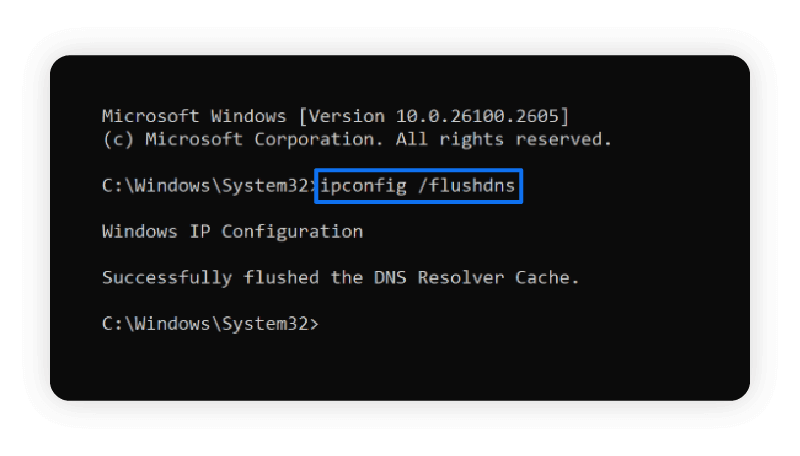 A screenshot showing how to flush DNS on Windows to ensure blocked website specifications go into effect.