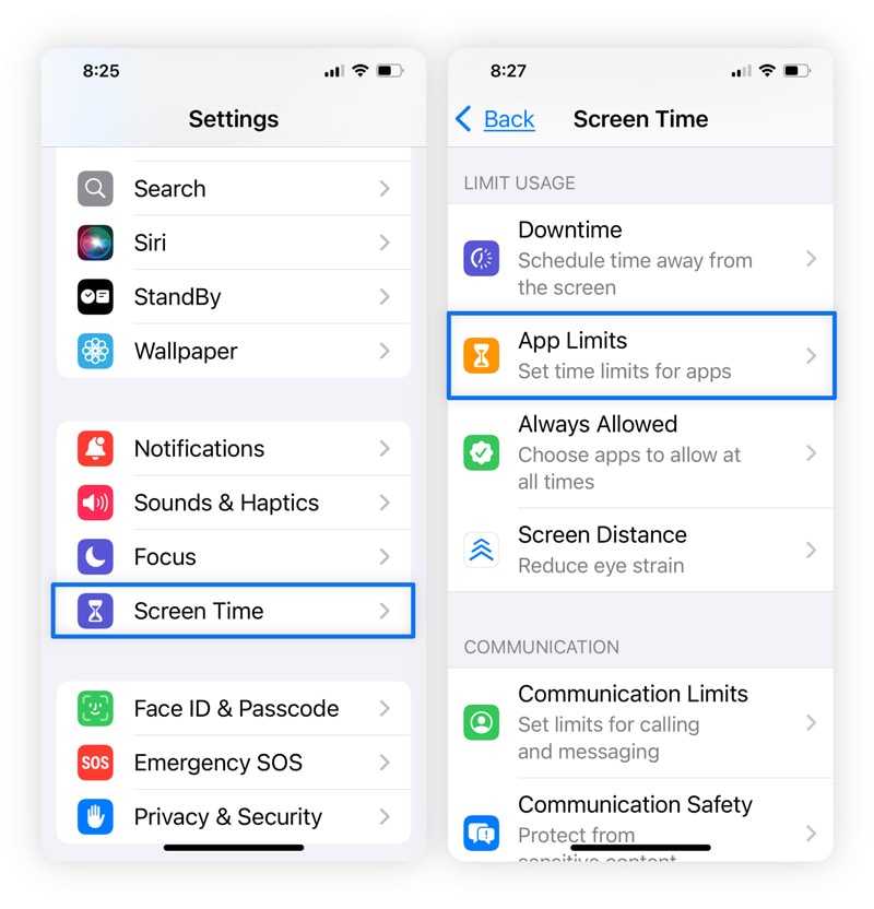Side-by-side iPhone screens showing Screen Time and App Limits highlighted.
