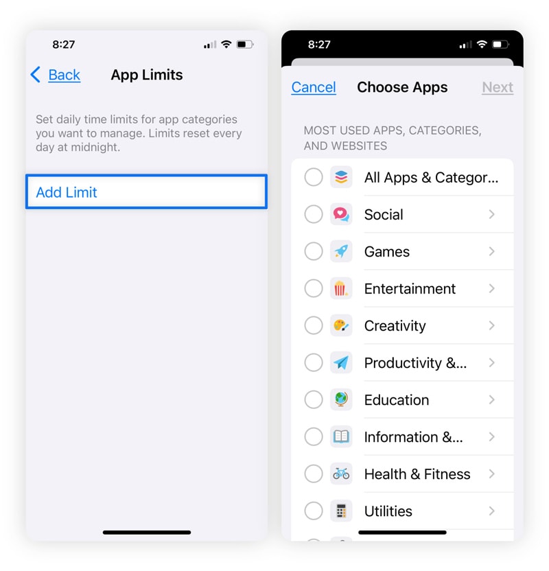 iPhones side-by-side showing how you can select Add Limit and then select the app or app category to block.