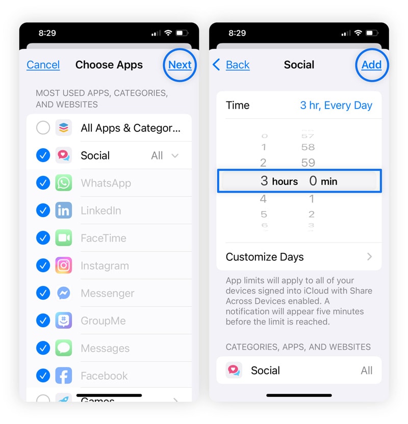 Side-by-side iPhones with one showing the entire app category ticked and one showing the amount of time selected (3 hours in this example).