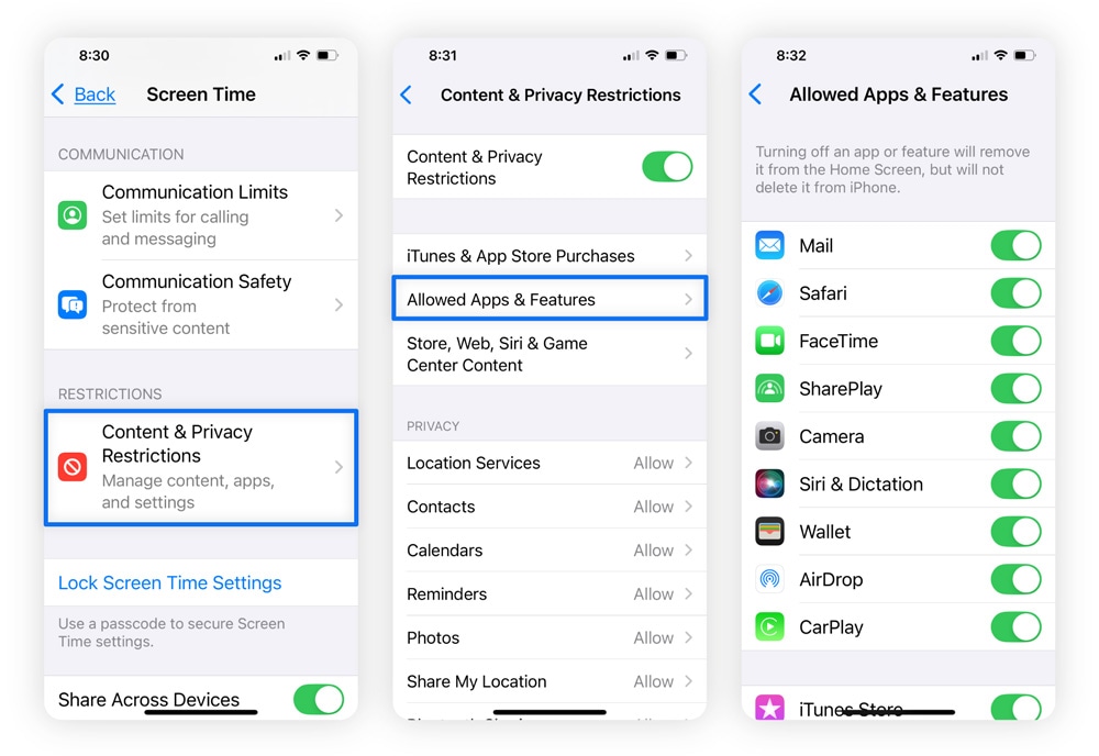 Three iPhone screens side by side showing Content & Privacy Restrictions then tapping Allowed Apps & Features followed by built-in apps you can block.