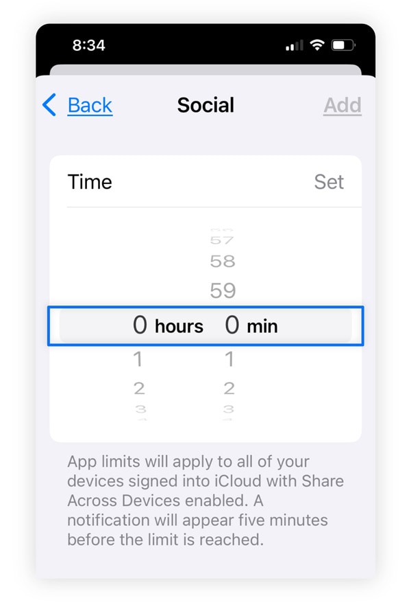 iPhone showing how you can set the allotted time to 0 hours 0 minutes on the device.