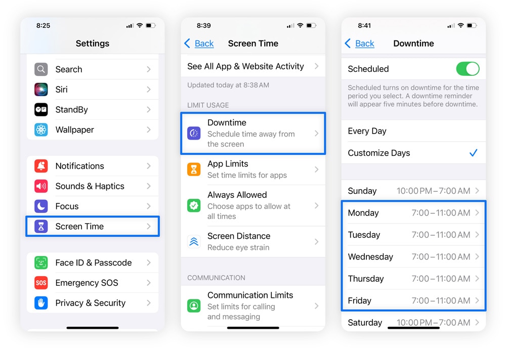 Three iPhone screens side by side showing the Downtime options in Screen Time.