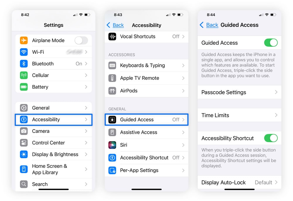 Three iPhone screens side by side showing the Accessibility screen followed by the Guided Access option, and then turning on Guided Access.