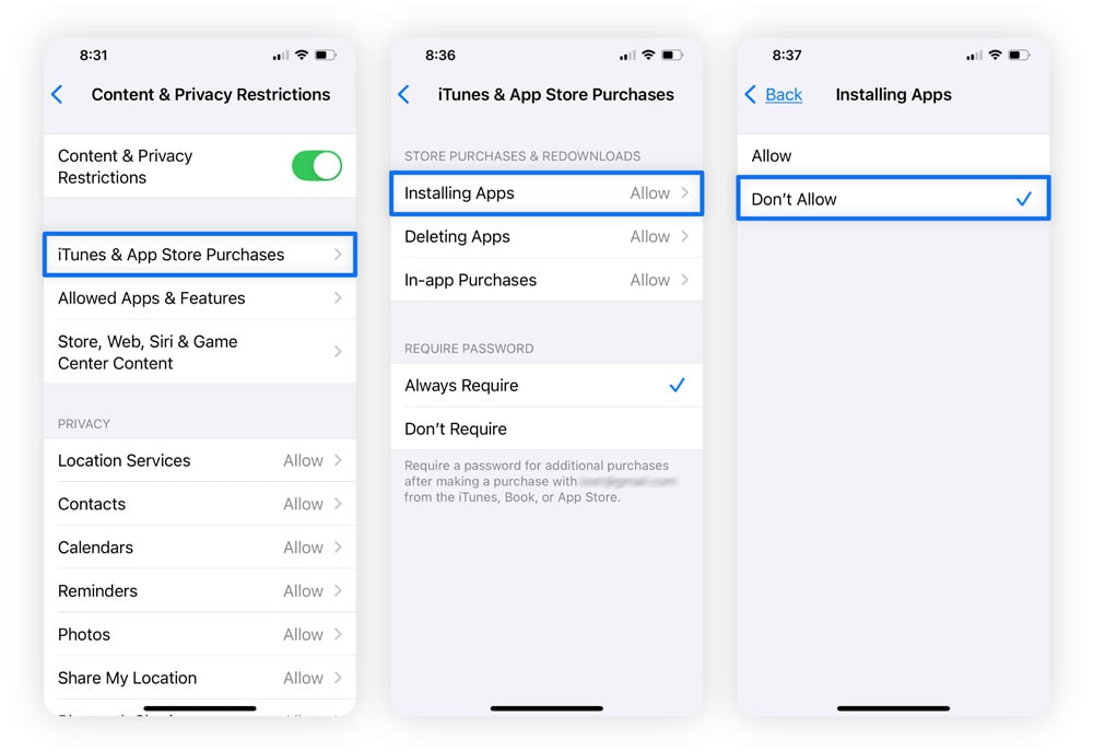 Three iPhone screens side by side showing selecting iTunes & App Store Purchases, then tapping Installing Apps, and finally choosing the Don’t Allow setting.