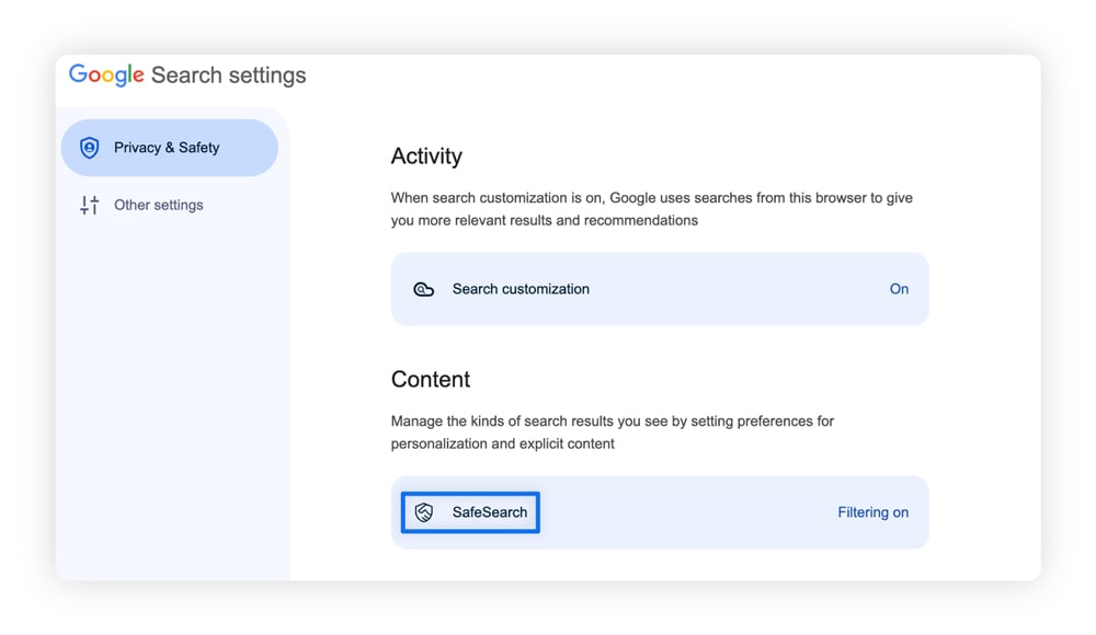 Google Search settings page showing the SafeSearch option set to Filter.