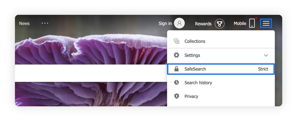Bing homepage with the menu icon highlighted and the SafeSearch option visible in the dropdown menu.