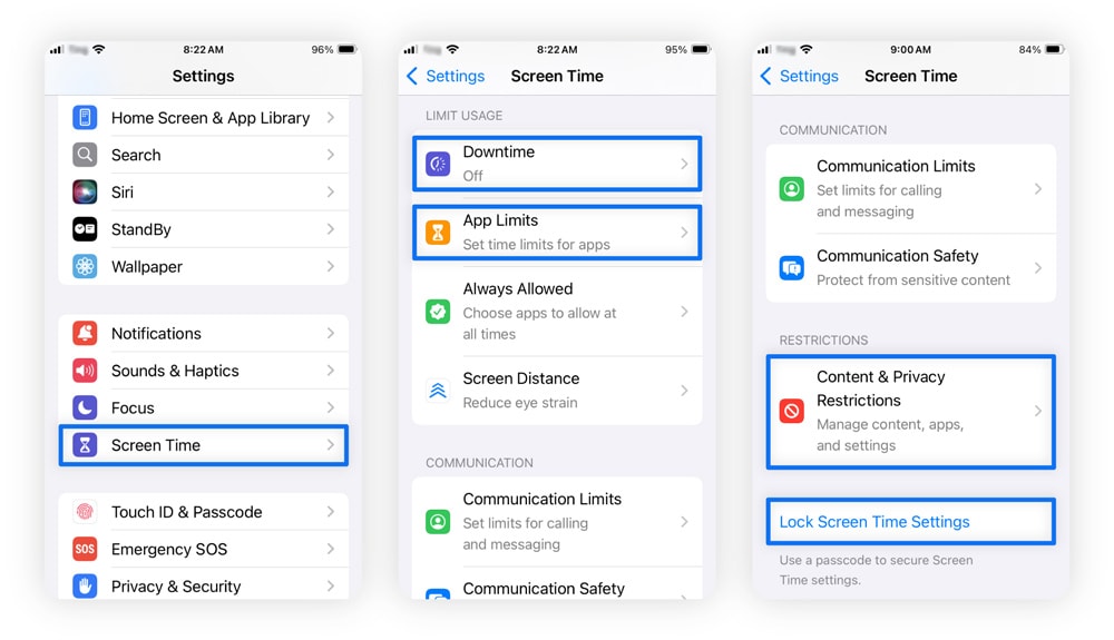 Three mobile screenshots, one with the Screen Time setting circled, one with the Downtime and App Limits circled, and one with the Content and Privacy Restrictions and Lock Screen Time Settings circled.