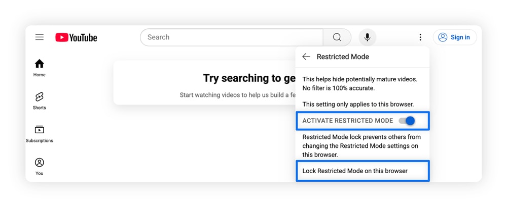 The settings page with the “Activate Restricted Mode” toggled on and circled, and the “Lock Restricted Mode on this browser” circled in the dropdown menu.