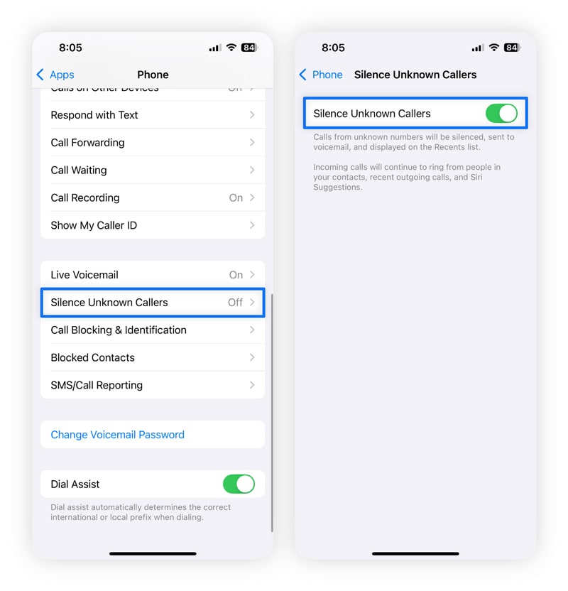 Steps for how to silence unknown callers on iPhone.