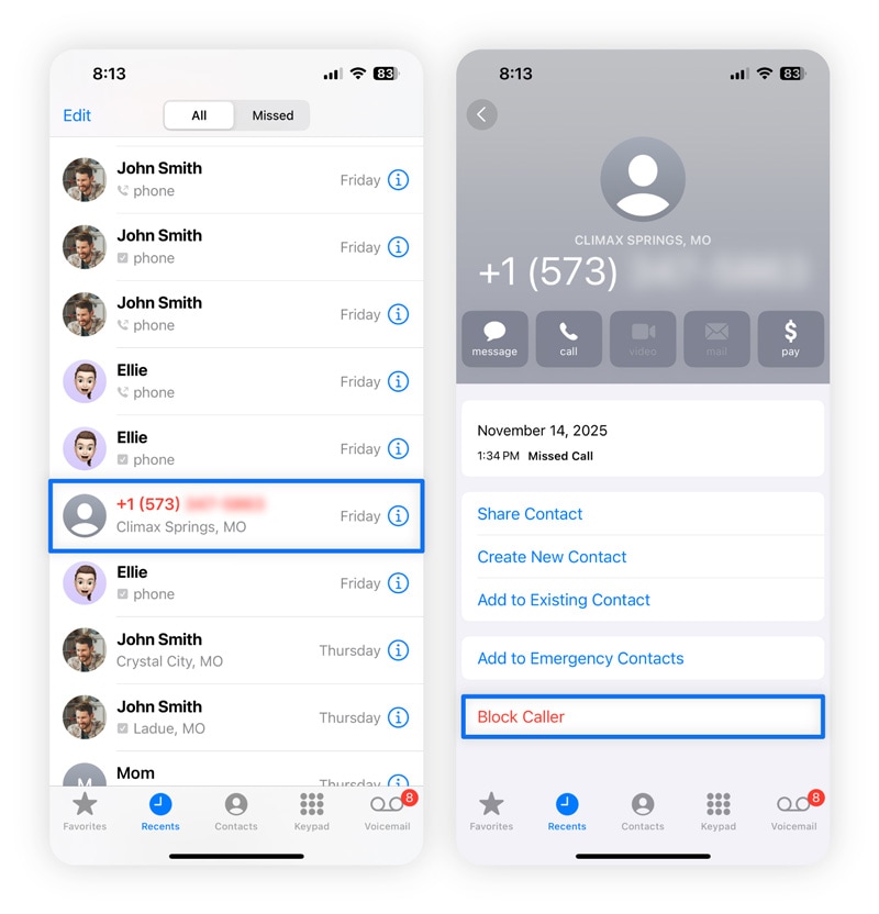 Steps for how to block individual numbers on iPhone.