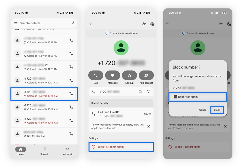 Steps for how to block individual numbers on Android.