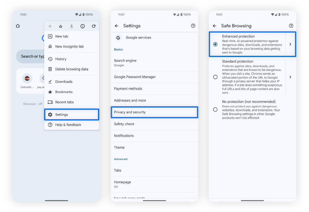 Three screenshots guiding users through how to enable safe browsing on Chrome for Android.