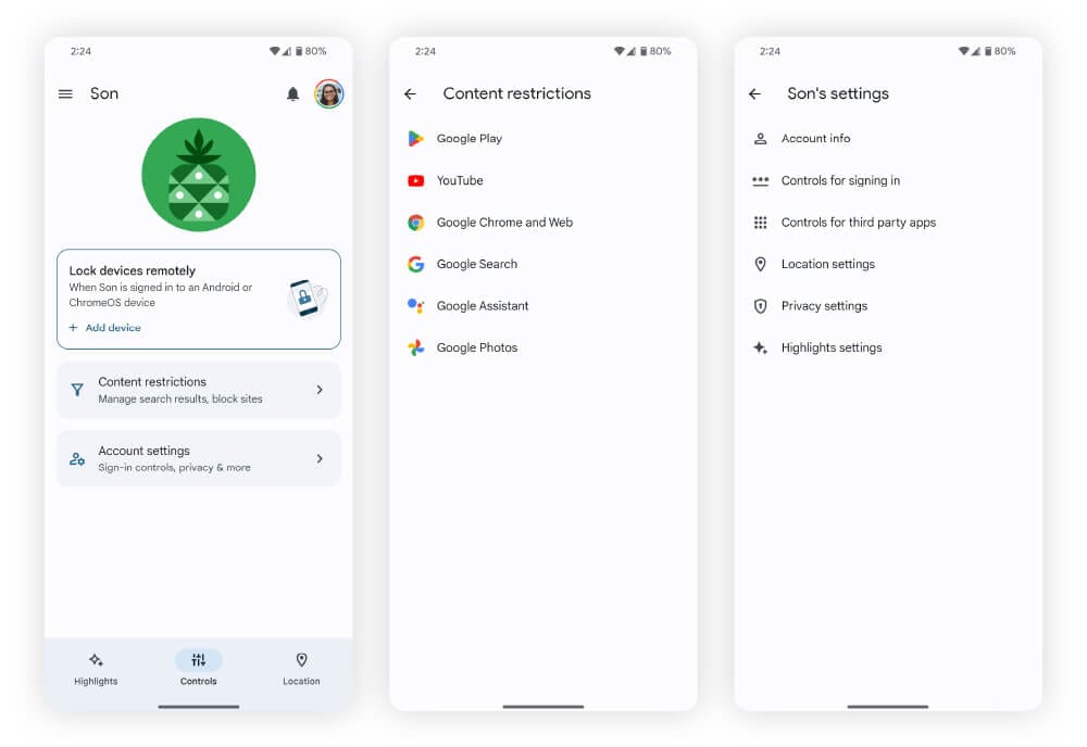 Three screenshots showing different blocking options on Google Family Link for Android phones.