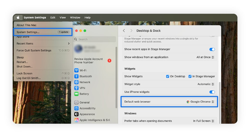 A screenshot showing how to change your default browser in a Mac’s Desktop & Dock settings.