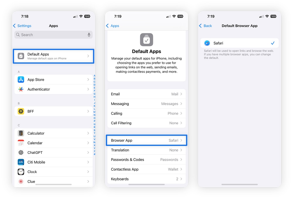 Three screenshots showing you how to change your default browser on iOS.