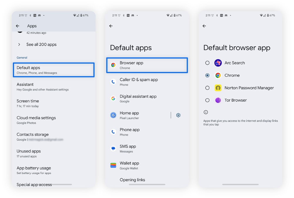 Screenshots showing how to change your default browser on Android devices.