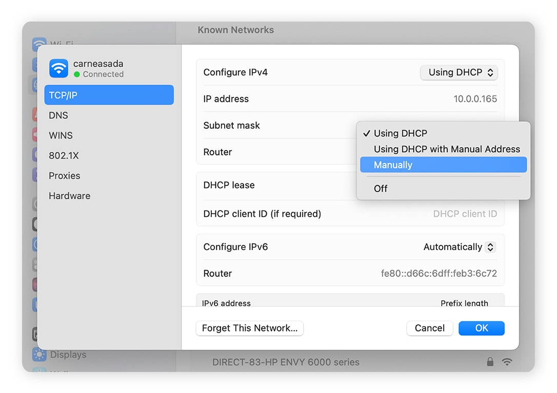Editing network IP settings in macOS (DHCP, DHCP with Manual Address, Manual).