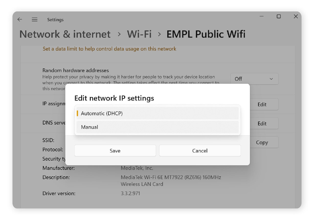 Editing network IP settings in Windows 11 (Automatic vs. Manual).