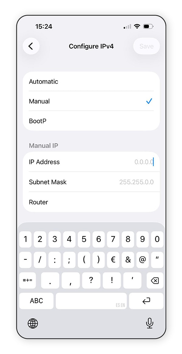 Editing network IP settings in iOS (Automatic, Manual, BootP).
