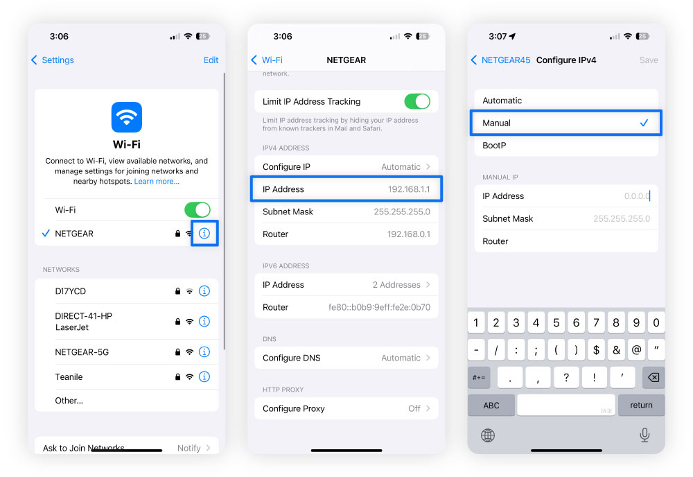 Three screenshots showing steps to change your IP address, highlighting the info icon, IP field, and “Manual” option.