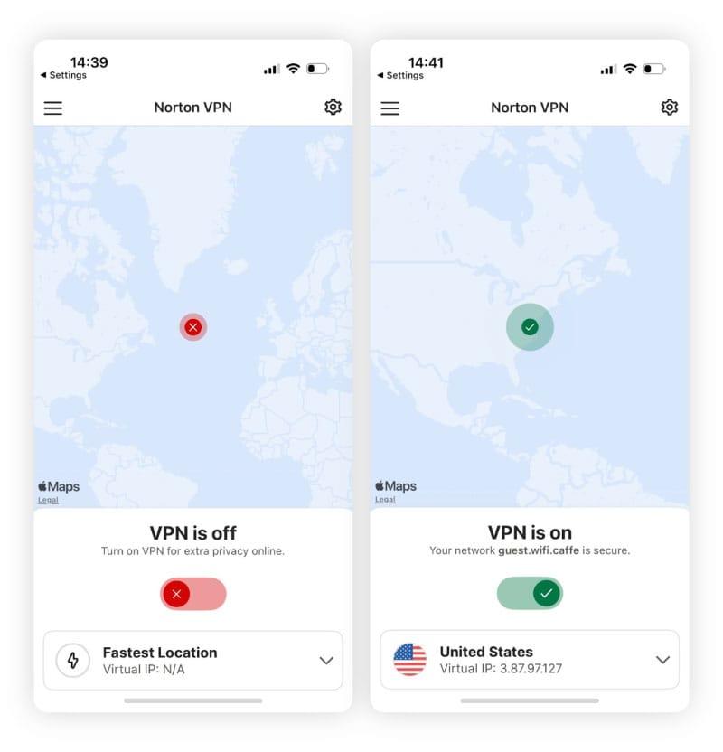 Two side-by-side screenshots of the Norton VPN interface showing the VPN in both the "Off" and “On” positions.
