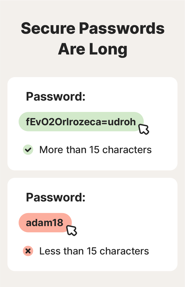 A comparison image showing a sample password that is too short and one that is long enough (15+ characters).