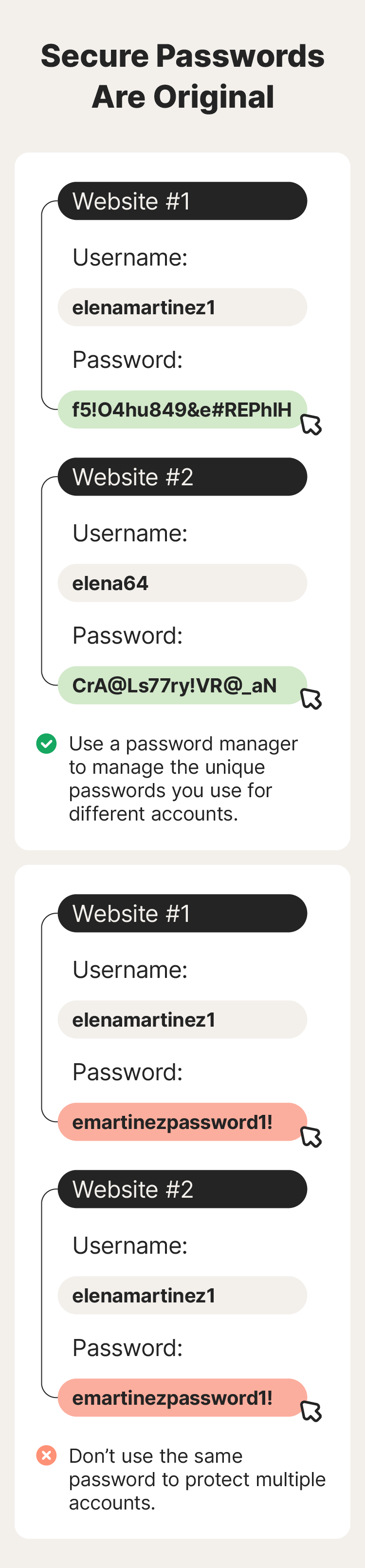 An example showing how you can use a password manager to protect and remember your unique and secure passwords.