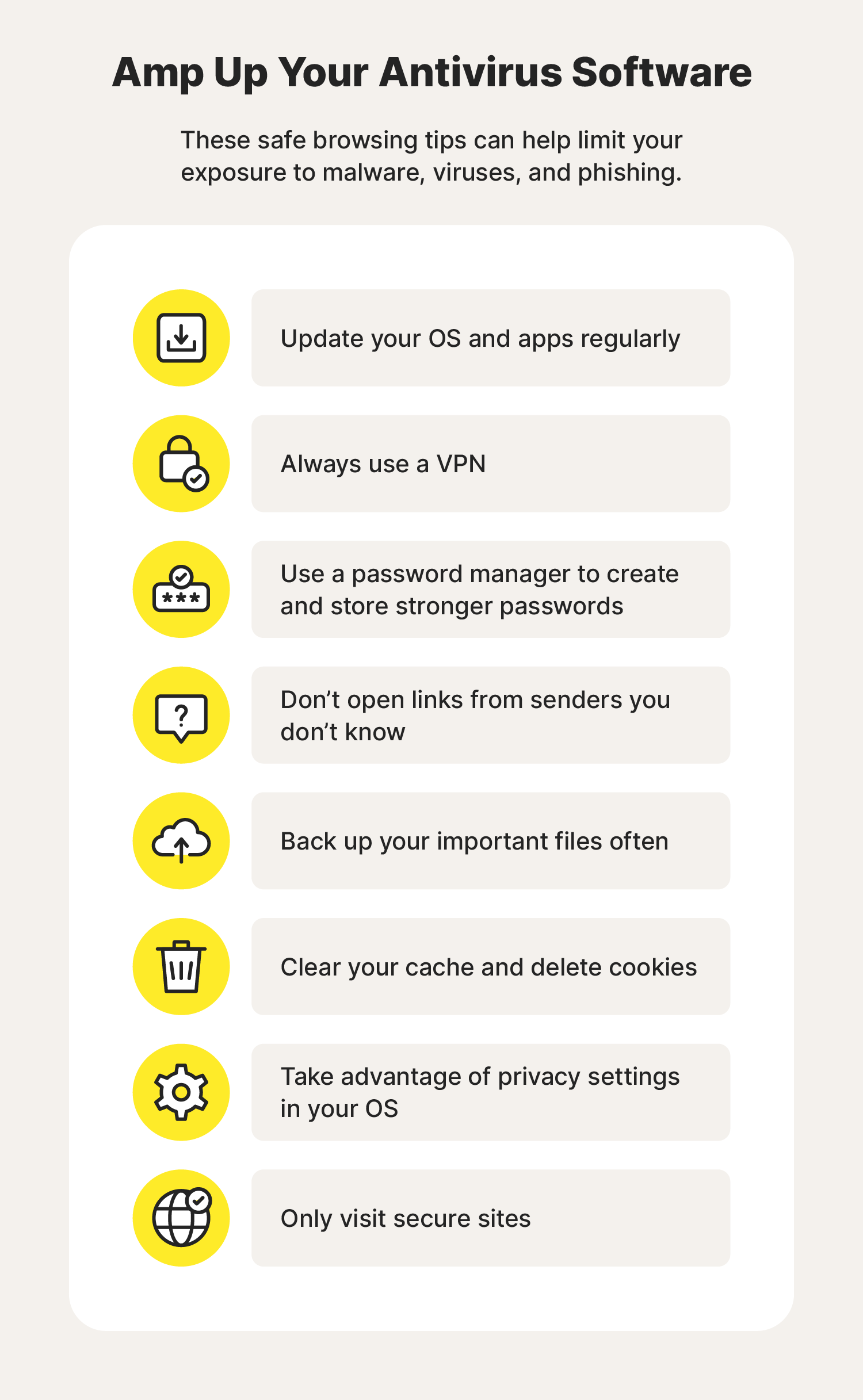 Illustrated chart with tips to avoid or reduce contact with potential viruses and malware.