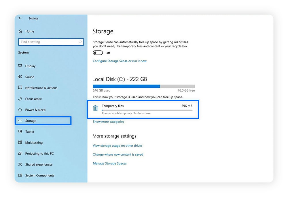 A screenshot showing how to clear temporary files through Windows Storage settings.
