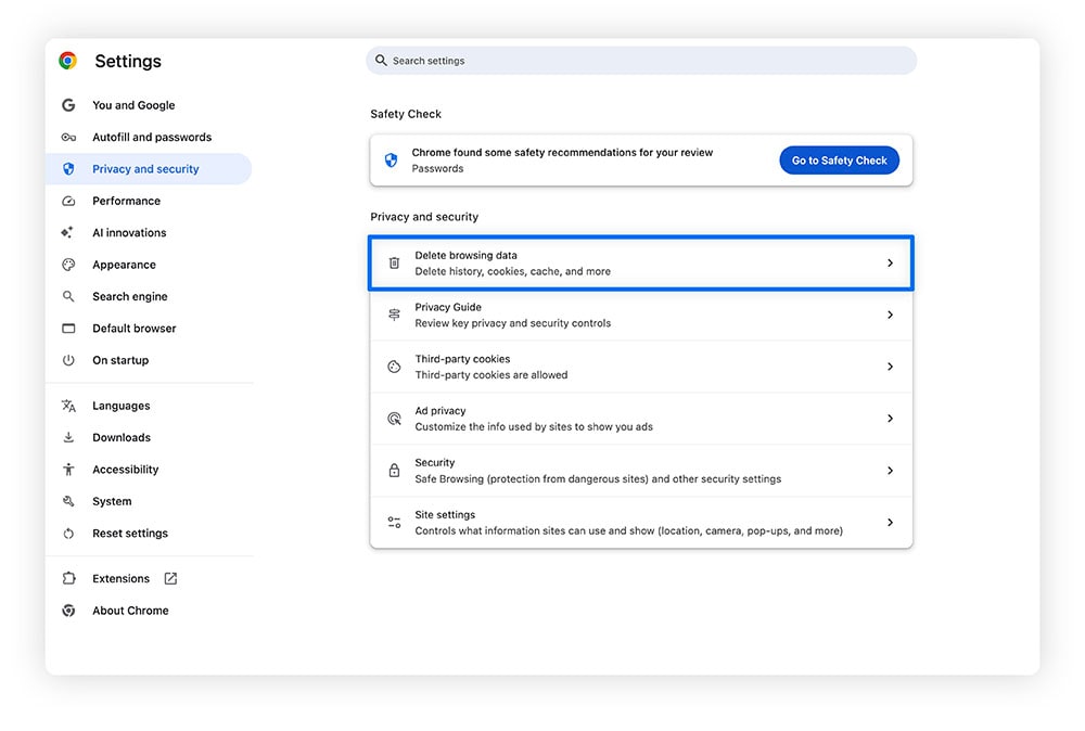 A screenshot showing how to delete browsing data, including cache and cookies.