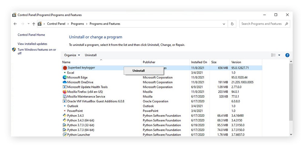 A screenshot showing how to remove software programs from a PC.