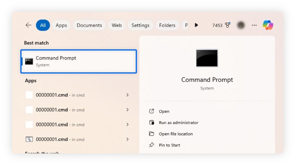 A screenshot showing how to open Command Prompt, where you can launch chkdsk and start cleaning up hard drive errors on PC.
