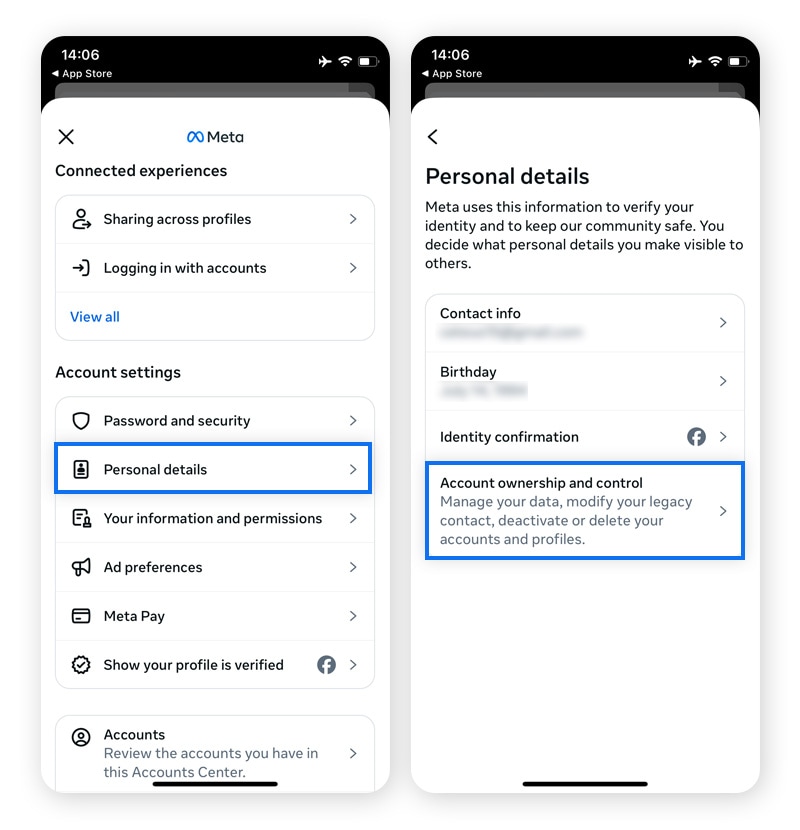 Tap Personal details, then Account ownership and control.