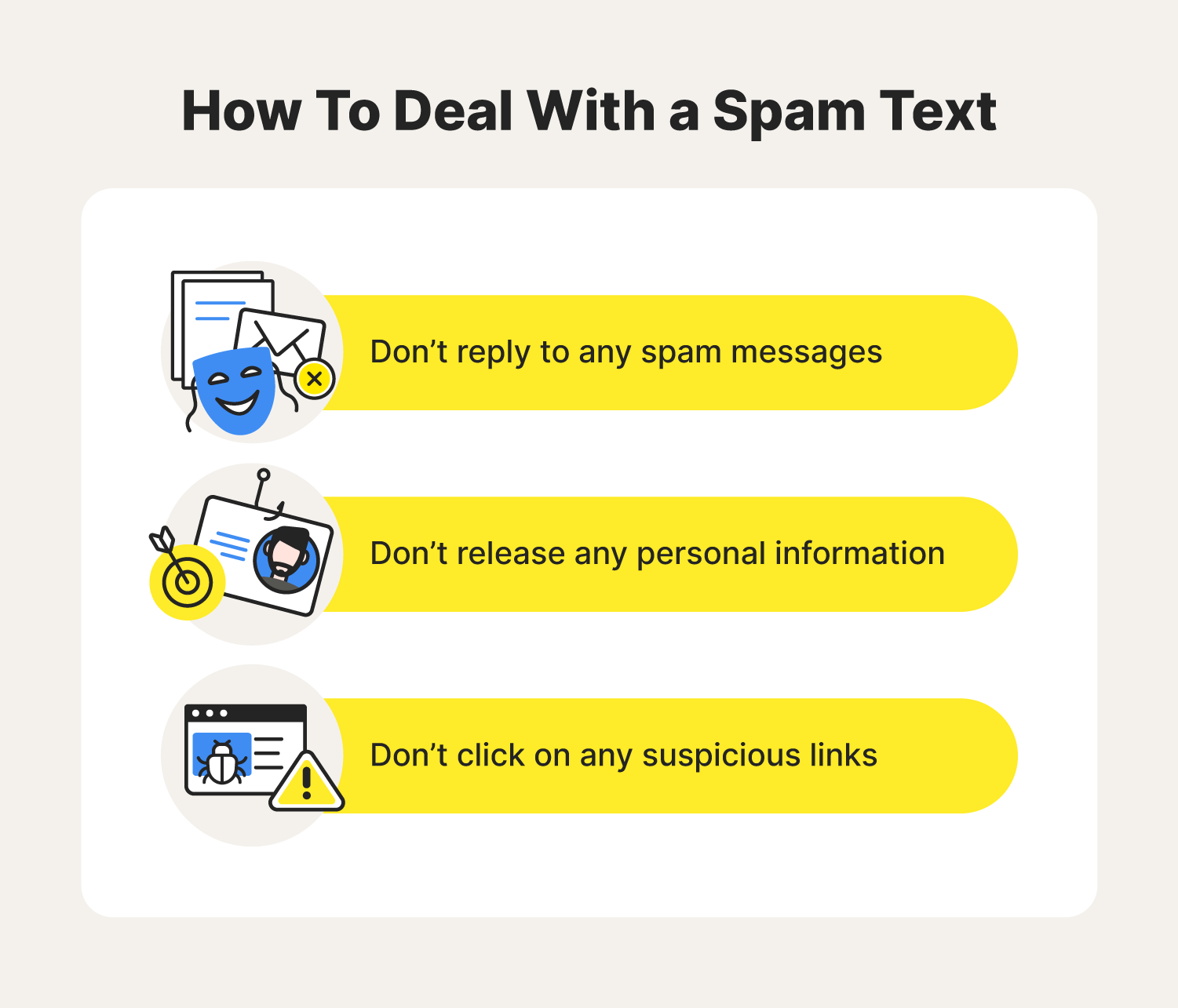A graphic lists three tips that teach you how to stop spam texts.