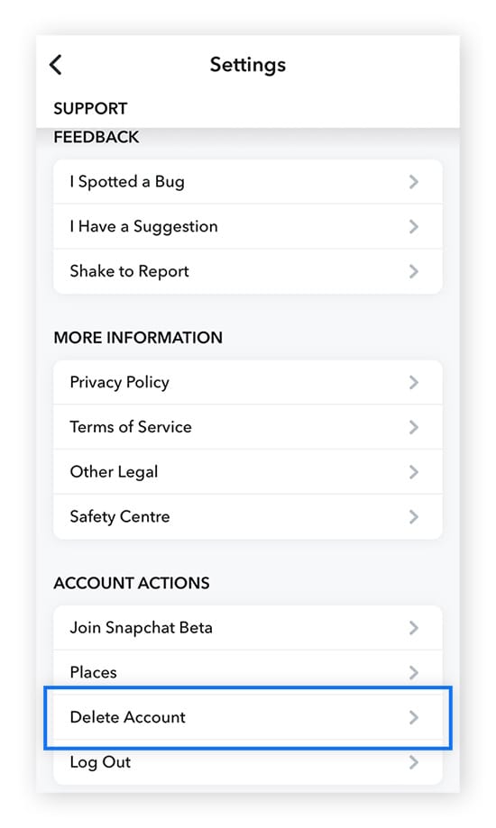 Scroll down to the Account Actions section and tap Delete Account.