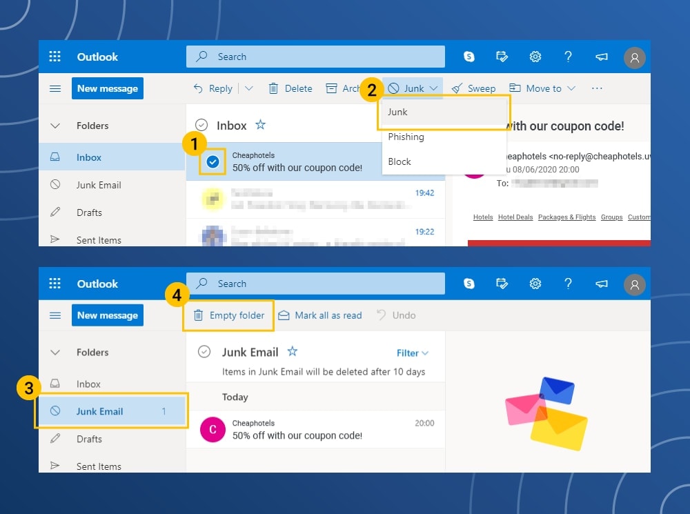 how to delete spam from microsoft outlook