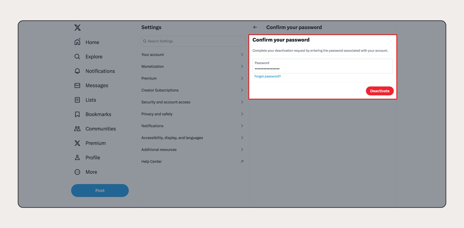A screenshot of the settings menu, highlighting the “confirm your password” window.