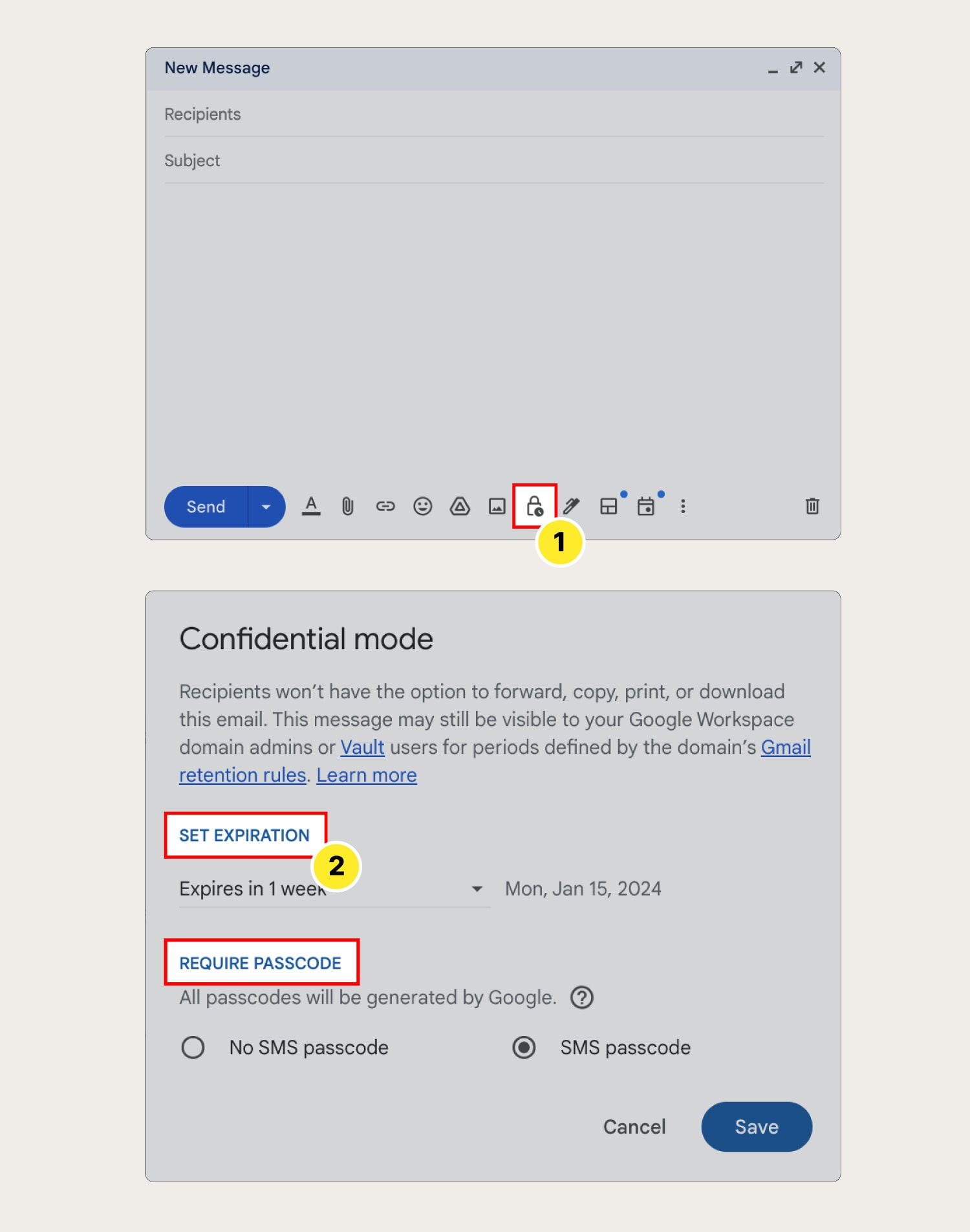Numbered screenshots that show how to encrypt email in Gmail.