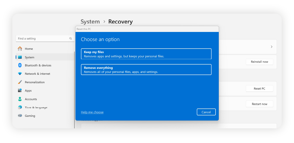 Two options to keep your files and remove everything before resetting your PC.