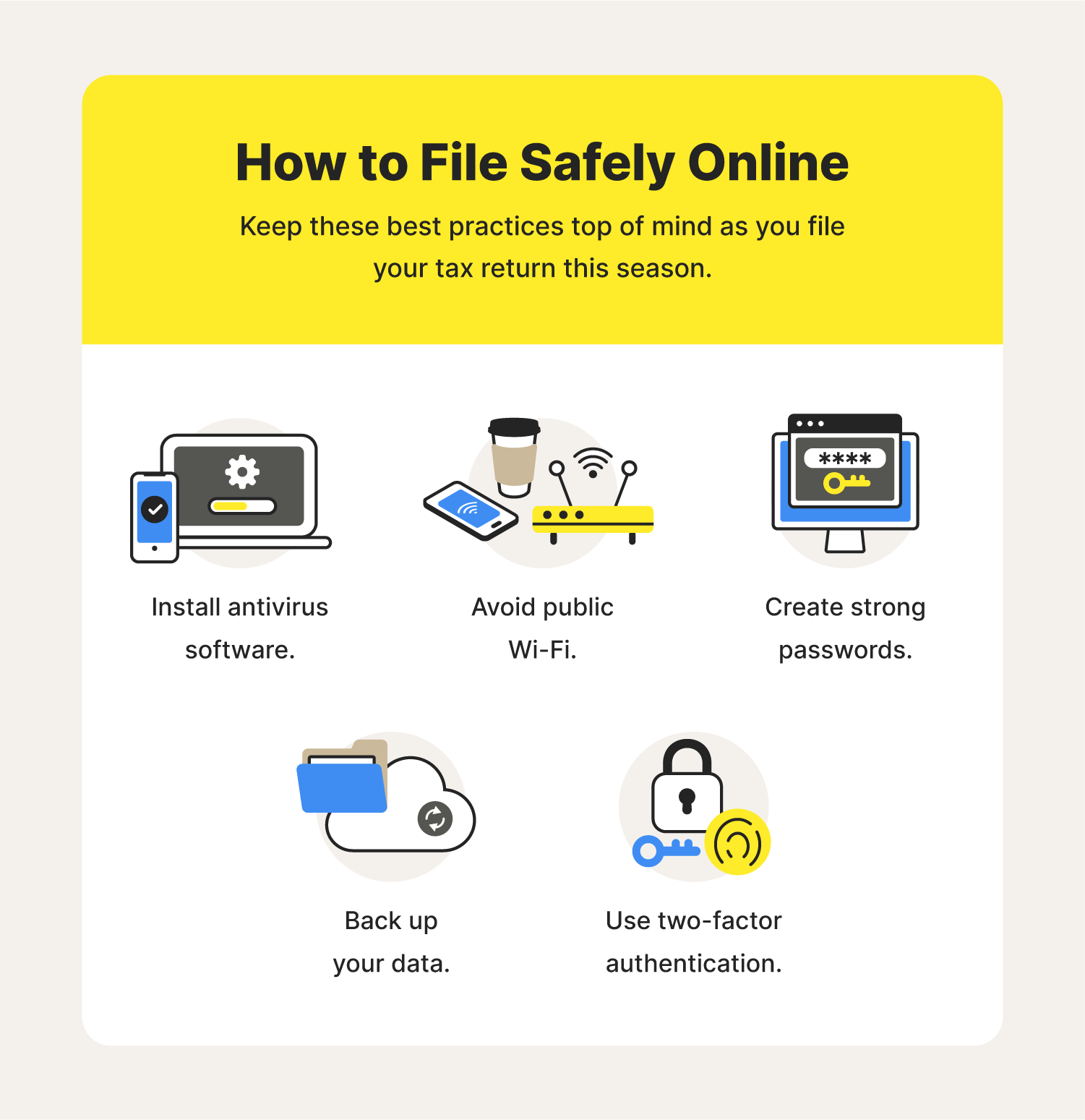 Five illustrations accompany cybersecurity best practices that can help you file securely and avoid IRS scams during tax season. 