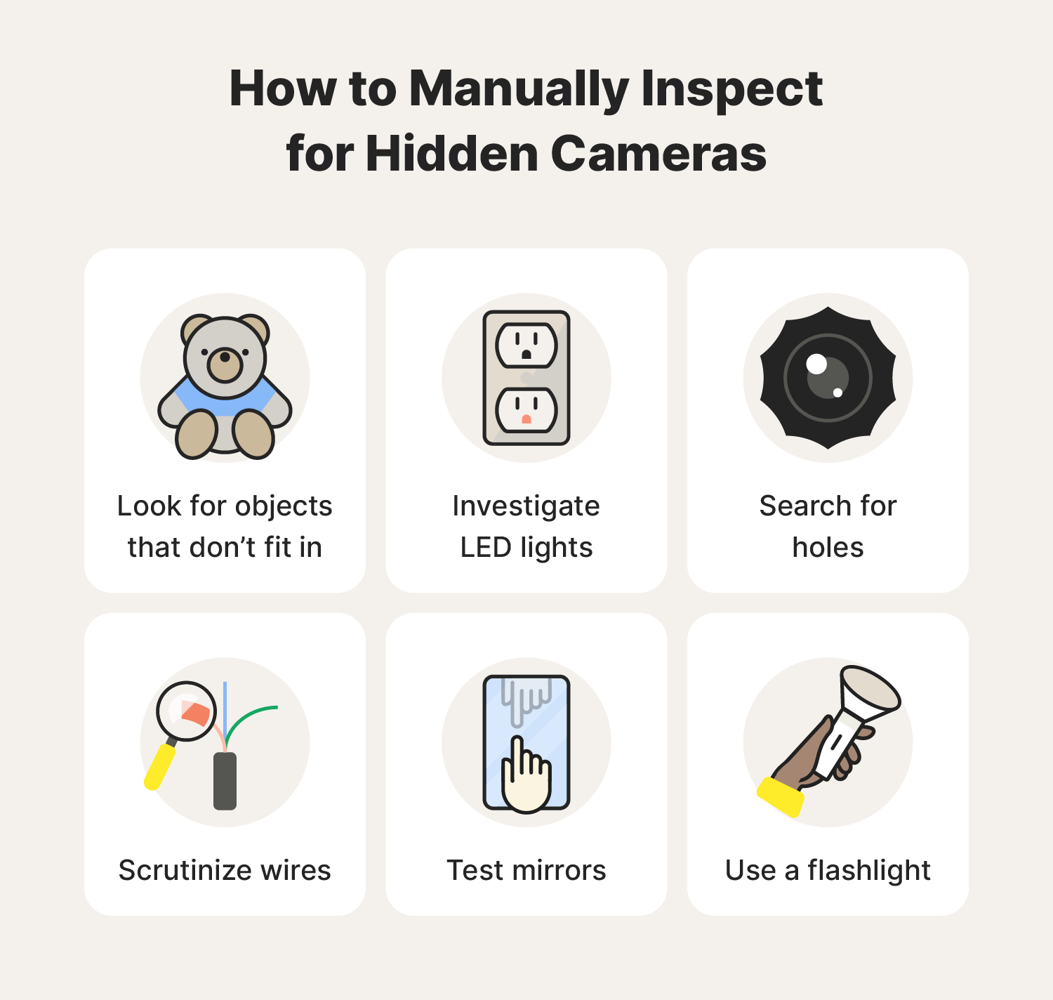 An infographic showing how to find hidden cameras with a manual inspection. 