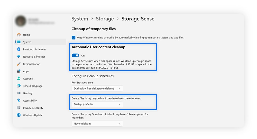 Screenshot of a Windows desktop showing how to schedule emptying your Recycle Bin.