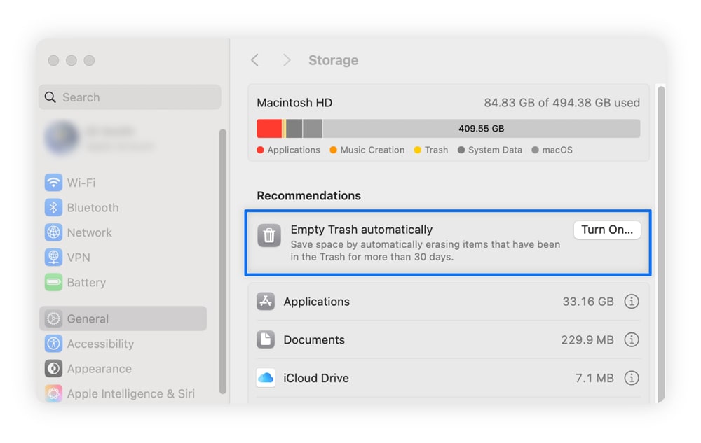 Screenshot of a Mac showing how to automatically empty Trash.